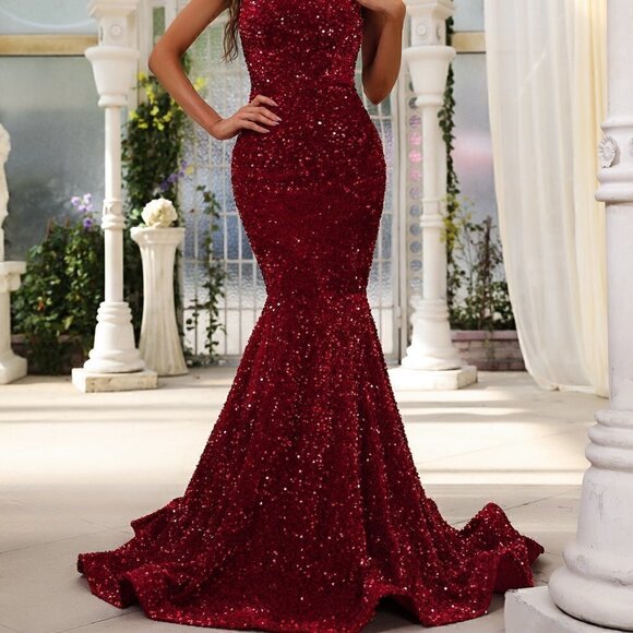 Burgundy Preppy Womens One Shoulder Mermaid Hem Sequin Formal Dress - Picture 4 of 5